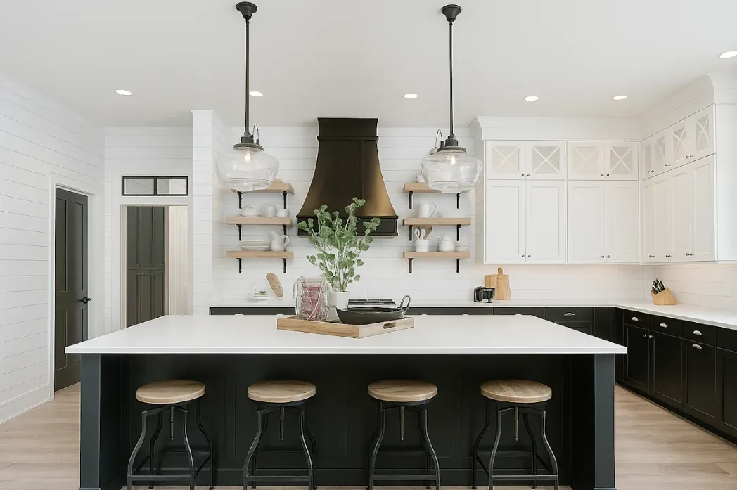 Bright farmhouse kitchen remodel with a large island, wood stools and a copper range hood